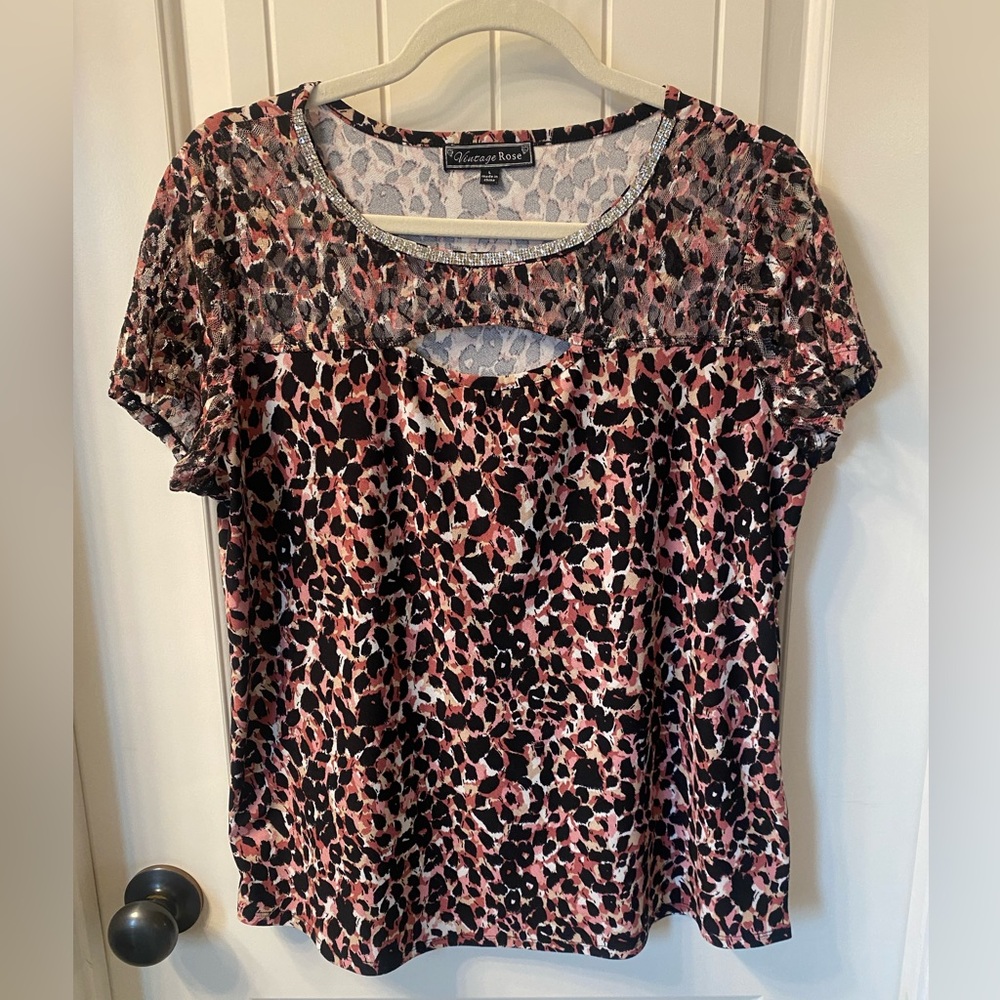 Pink & Black Leopard Print Sheer Lace Blouse Rhinestone Collar Top Vintage Rose